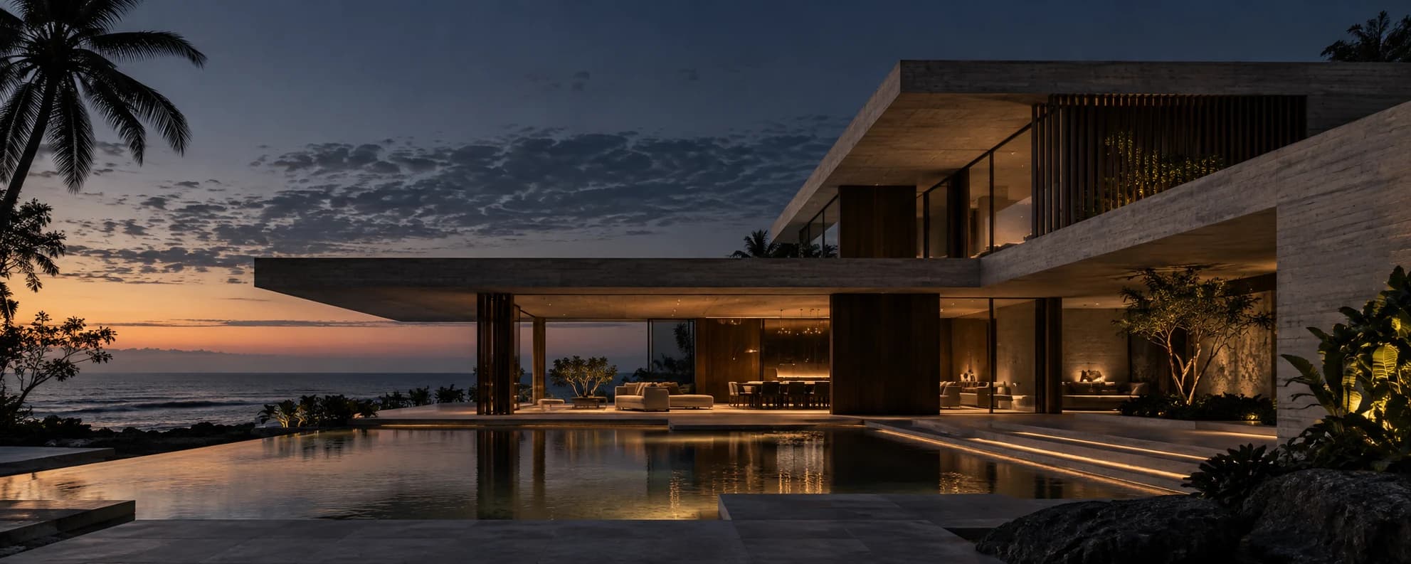 Conceptual contemporary coastal villa at dusk