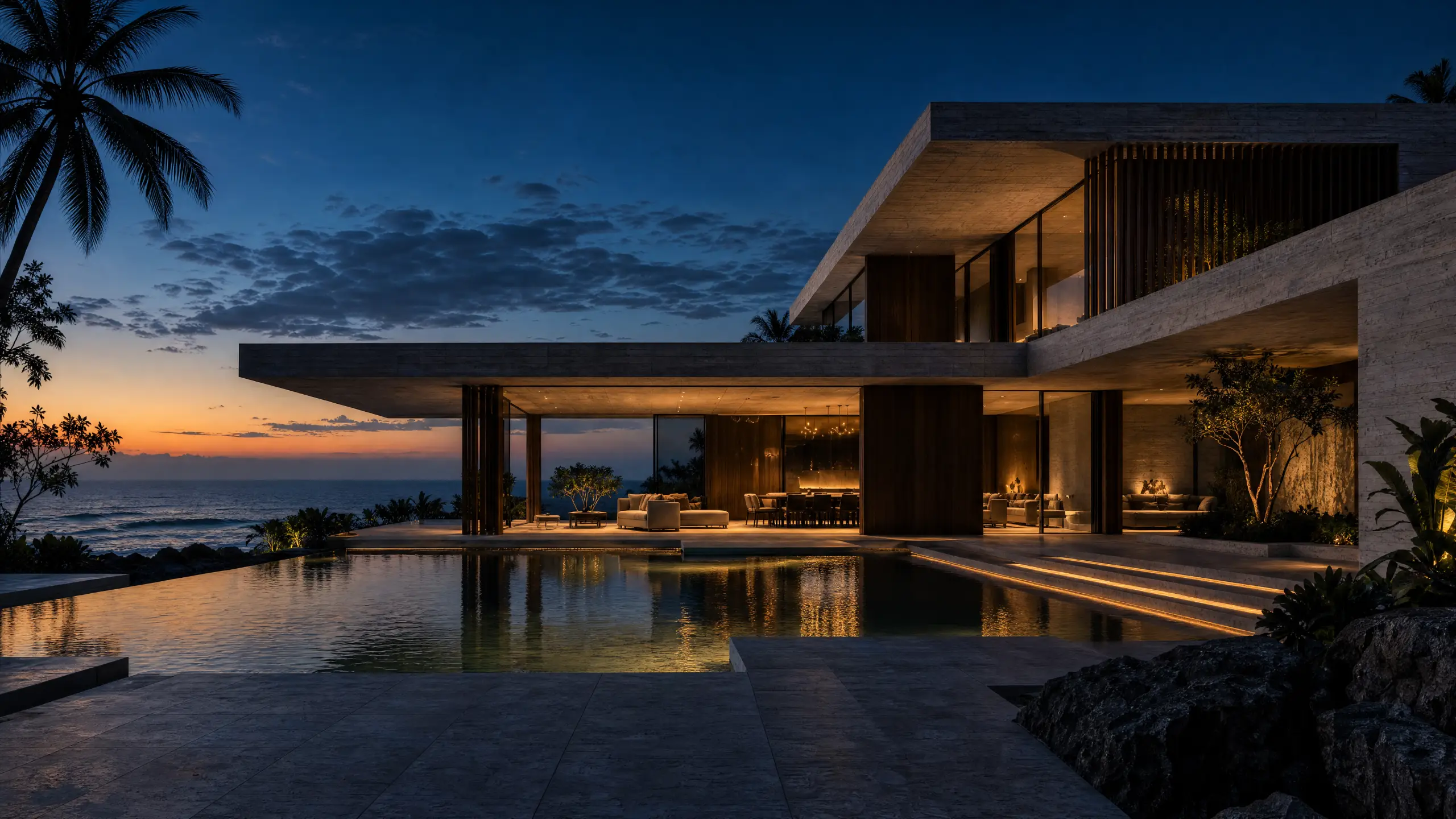 Conceptual coastal villa illuminated at dusk