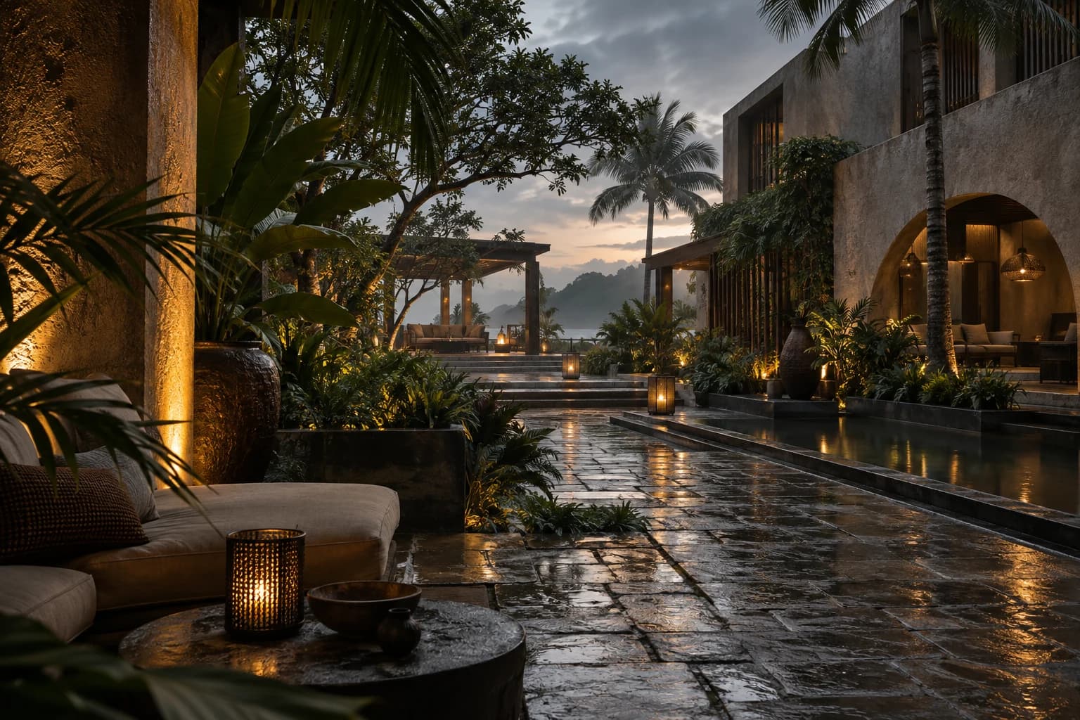Tropical design hotel courtyard after rain